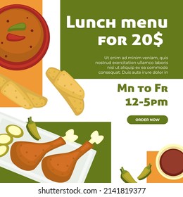 Online ordering from restaurant or cafe with lunch menu for 20 dollars. Soup with chilli and cookies, asian cuisine. Chicken legs and sauce. Website or web shop, landing page template, vector in flat