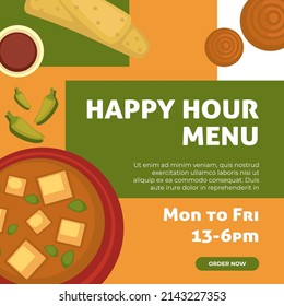 Online ordering from restaurants or shop with happy hour. Soup with cheese and mint, chili and croissant, mexican and asian cuisine and dishes. Branding and discounts sale, vector in flat style