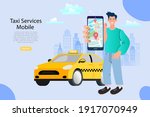 Online ordering taxi car, rent and sharing using service mobile application. location on a city map on the car and urban landscape background.