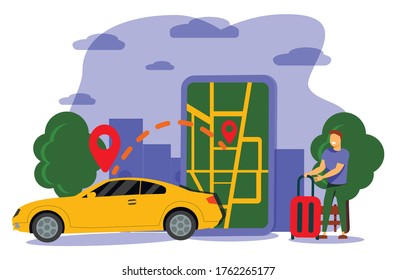  Online ordering taxi car, rent and sharing using service mobile application. Man near smartphone screen with route and points location on a city map on the car and urban landscape background.