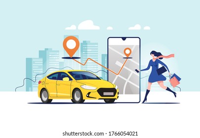 Online ordering taxi car, rent and sharing using service mobile application. Woman near smartphone screen with route and points location on a city map on the car and urban landscape background.