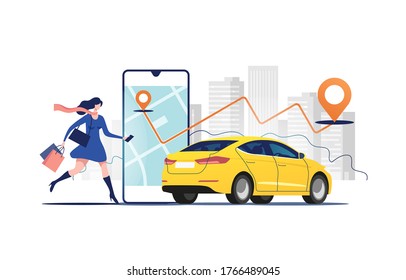 Pedidos online de taxi, alquiler y uso compartido mediante aplicación móvil de servicio. Mujer cerca de la pantalla de un smartphone con ruta y puntos localizados en un mapa de la ciudad sobre el fondo del auto y el paisaje urbano.