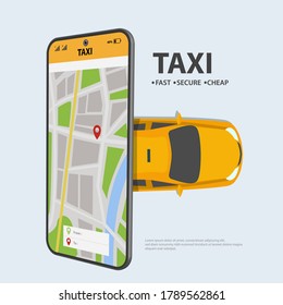 Online ordering taxi car, and rent using service mobile application. taxi near smartphone screen with route and points location on a city map.