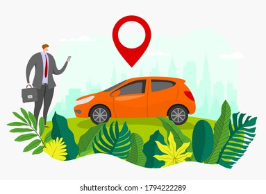 	
Online ordering taxi car, rent and sharing using service mobile application. Man near smartphone screen with route and points location on a city map on the car and urban landscape background.