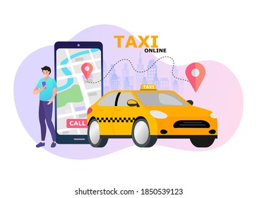 
Online ordering taxi car, rent and sharing using service mobile application. Urban taxi service. Flat vector illustration.