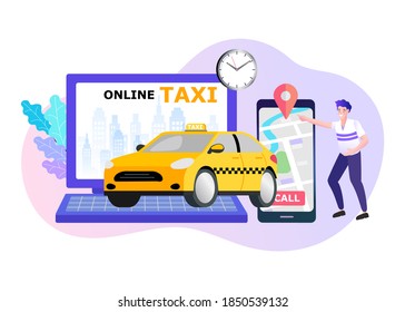 
Online ordering taxi car, rent and sharing using service mobile application. Urban taxi service. Flat vector illustration.