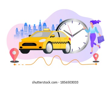 Online ordering taxi car, rent and sharing using service mobile application. Urban taxi service. Flat vector illustration.
