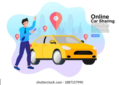 Pedidos online de taxi, alquiler y uso compartido mediante aplicación móvil de servicio. Hombre buscando taxi en el mapa de la ciudad. Ilustración vectorial.