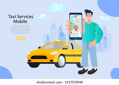 Online ordering taxi car, rent and sharing using service mobile application. location on a city map on the car and urban landscape background.