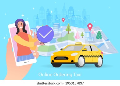 Online bestellen Taxi Auto, Miete und teilen mit Service Mobile Anwendung. Lage auf einem Stadtplan auf Auto- und Stadtlandschaftshintergrund.