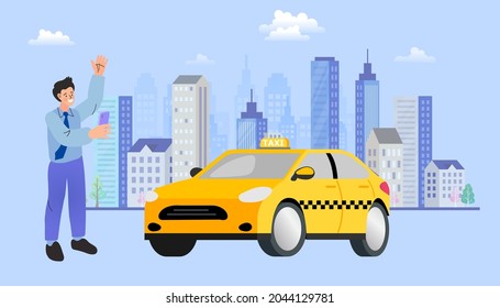 Pedidos online de taxi, alquiler y uso compartido mediante aplicación móvil de servicio. Hombre buscando taxi en el mapa de la ciudad. fondo de paisaje urbano. Ilustración vectorial.