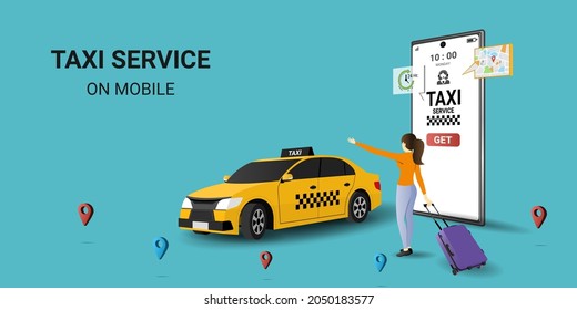 Pedidos online de taxi, alquiler y uso compartido mediante aplicación móvil de servicio. Mujer cerca de la pantalla del smartphone con ruta y puntos de ubicación en un mapa de la ciudad en el auto. Ilustración del vector