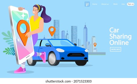 Online ordering taxi car, rent and sharing using service mobile application. woman searching cab on city map. Phone with location mark and smart car with modern city skyline. Vector illustration.