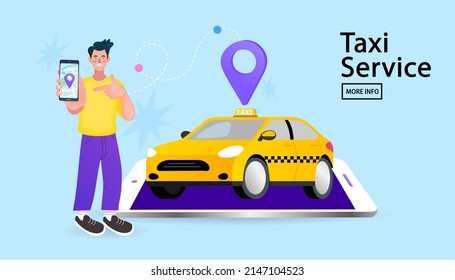 Online ordering taxi car, rent and sharing using service mobile application. location on a city map on the car and urban landscape background. city map with online geotags taxi point. Taxi service.