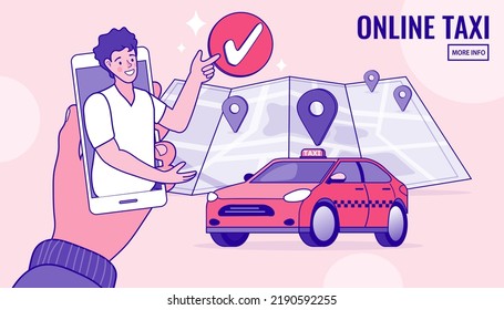 Online ordering taxi car, rent and sharing using service mobile application. location on a city map on the car and urban landscape background. Phone with location mark. Vector outline illustration.
