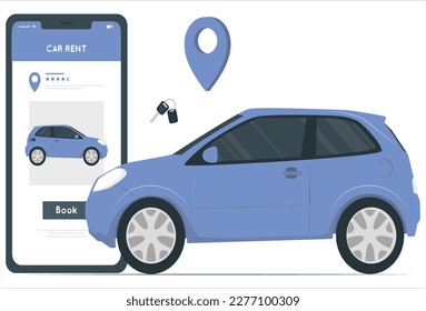 Online ordering taxi car, rent and sharing using service mobile application. Smartphone screen with route and points location on a city map on the car and urban landscape background.