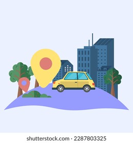 Online ordering taxi car, rent and sharing using service mobile application. Means of public transport, motor vehicle, used to transport passengers and goods to any specified point for fare