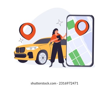 Online ordering taxi car, rent and sharing using service mobile application. Man near smartphone screen with route and points location on a city map on the car and urban landscape background.