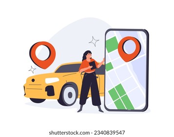 Online ordering taxi car, rent and sharing using service mobile application. Man near smartphone screen with route and points location on a city map on the car and urban landscape background.