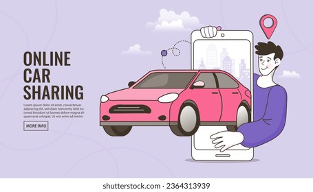 Online ordering taxi car, rent and sharing using service mobile application. Man searching cab on city map. Phone with location mark and smart car with modern city skyline. Vector illustration.