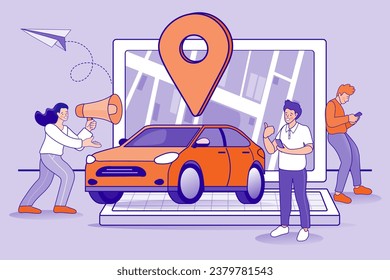 Online ordering taxi car, rent and sharing using service computer application. Man searching cab on city map. Phone with location mark and smart car with modern city skyline. Vector illustration.