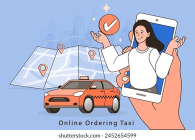 Online ordering taxi car, rent and sharing using service mobile application. location on a city map on the car and urban landscape background. Phone with location mark. Vector outline illustration.