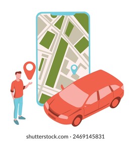 Online ordering taxi car, rent and sharing using service mobile application. Man and smartphone screen with route and points location on city map on car and urban landscape background