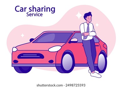 Online ordering taxi car, rent and sharing using service mobile application. man searching cab on city map. Phone with location mark and smart car with modern city skyline. Vector illustration.