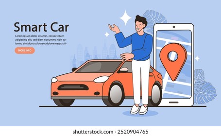 Online ordering taxi car, rent and sharing using service mobile application. man searching cab on city map. Phone with location mark and smart car with modern city skyline. Vector illustration.