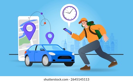 Online ordering taxi car, rent and sharing using service mobile application. man searching cab on city map. Phone with location mark and smart car with modern city skyline. Vector illustration.