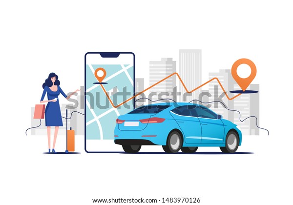 Online ordering taxi car, rent and sharing\
using service mobile application. Woman near smartphone screen with\
route and points location on a city map on the car and urban\
landscape background.