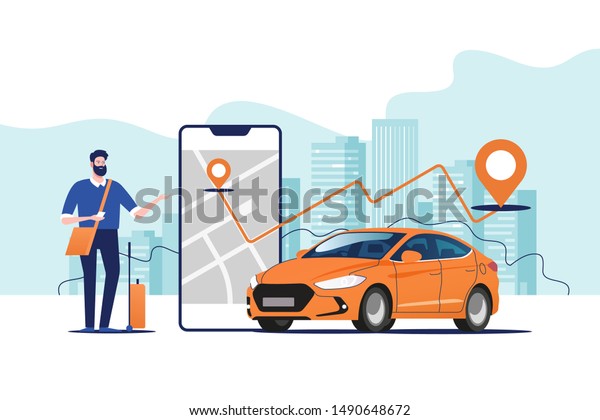Online ordering taxi car, rent and sharing\
using service mobile application. Man near smartphone screen with\
route and points location on a city map on the car and urban\
landscape background.