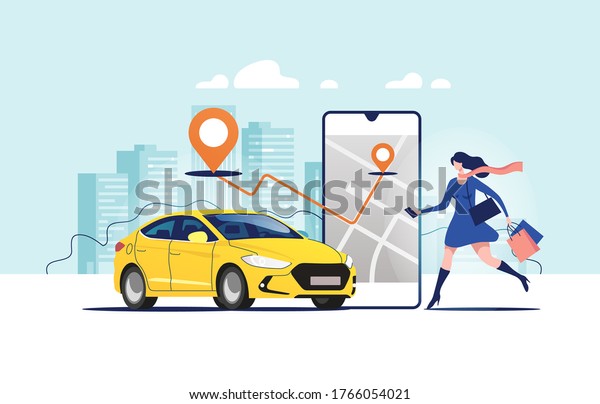 Online ordering taxi car, rent and sharing\
using service mobile application. Woman near smartphone screen with\
route and points location on a city map on the car and urban\
landscape background.