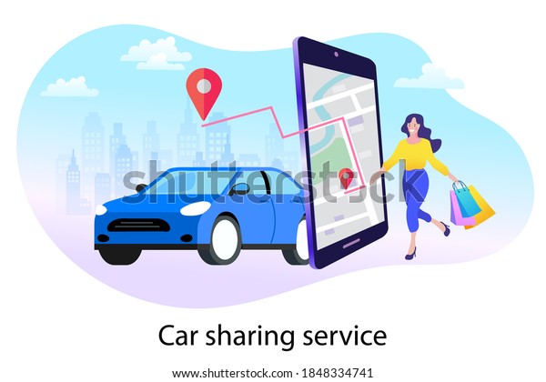 Online ordering taxi car, rent and sharing
using service mobile application. Man searching cab on city map.
Vector illustration.