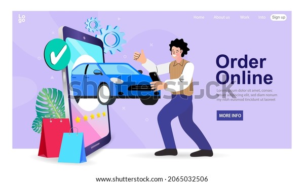 Online ordering taxi car, rent and sharing
using service mobile application. Man searching cab on city map.
Phone with location mark and smart car with modern city skyline.
Vector illustration.