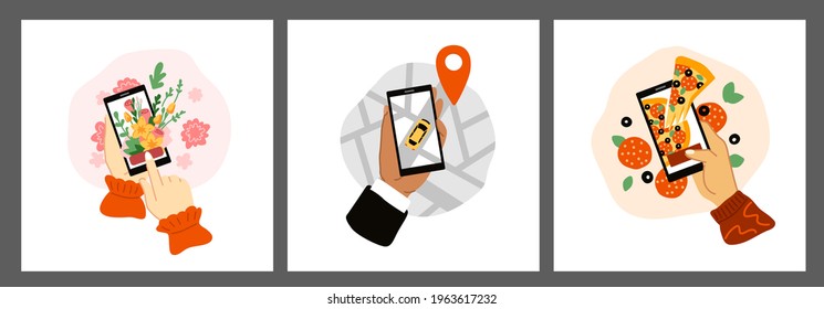 Online ordering a taxi, pizza and flowers. Delivery services concept. Various hands holding smartphones with abstract hand-drawn trendy illustrations.