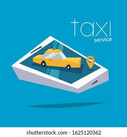 Online ordering taxi service concept with taxi and phone vs shadow. Flat vector illustration in cartoon style.