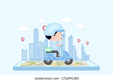 Online ordering via application with delivery staff, Vector illustration in lineart style.