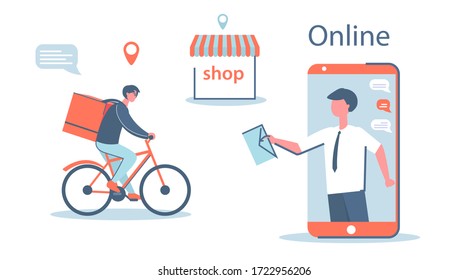 Online orders, delivery of documents, goods. Online shopping, delivery in the city. A cyclist delivers goods. Guy on
red cycling bike.