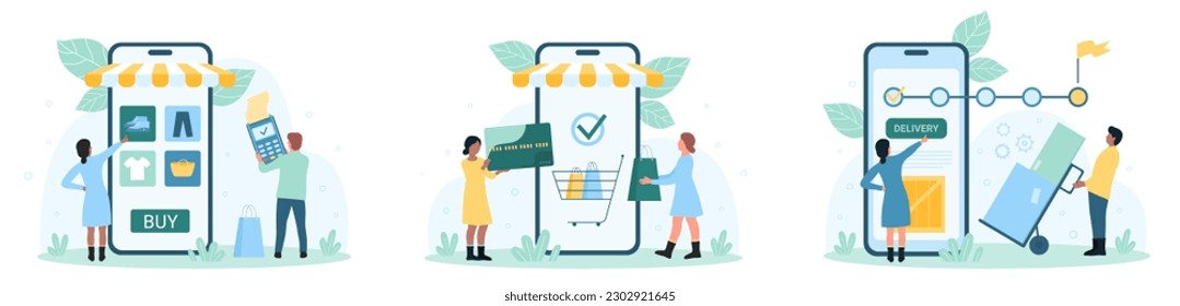 Online orders and delivery set vector illustration. Cartoon tiny people buy with mobile app in phone, holding credit card to pay for purchases, customers monitor shipping of box in timeline system