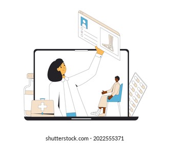 Online orthopedics medical consultation. Traumatologist with feet toe traumapatient. Telemedicine. Doctor distant advise. Health care by internet. Healthcare podiatrist services. Vector illustration.