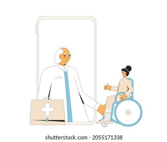 Online orthopedics medical consultation. Traumatologist with feet toe traumapatient. Telemedicine. Doctor distant advise. Health care by internet. Healthcare podiatrist services. Vector illustration.