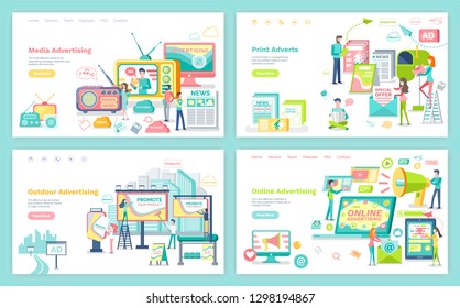 Online And Outdoor Advertising, Media And Print Adverts Vector. Website Or Webpage Template, Landing Page Flat Style, Publication Internet Radio And Tv