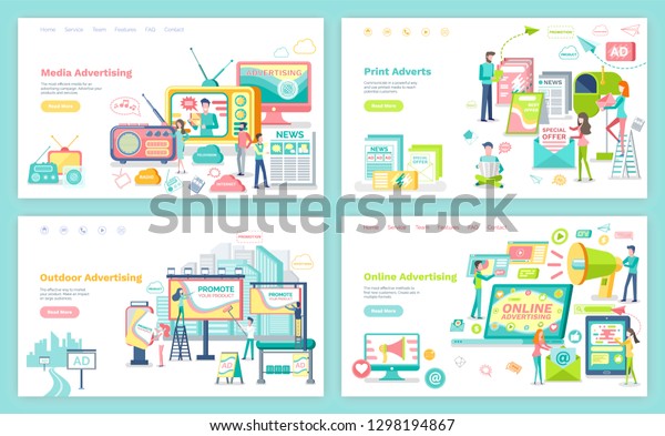 Online and outdoor advertising, media and\
print adverts vector. Website or webpage template, landing page\
flat style, publication internet radio and\
tv