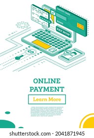 Online Outline Payment with Laptop Computer Isometric Illustration Concept. Online shopping. Vector Illustration. Internet Banking. Modern Design Concept of Web Design. Online Security Transaction.