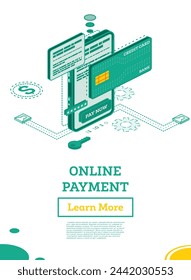 Online Outline Payment with Mobile Phone Isometric Illustration Concept. Online shopping. Vector Illustration. Internet Banking. Modern Design Concept of Web Page Design. Online Security Transaction.