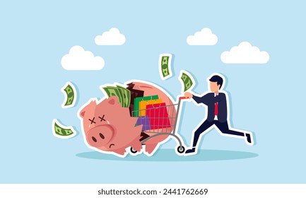 Online overspending leads to debt, poverty, loss, and financial failure, concept of Crashed cart trolley breaks piggy bank