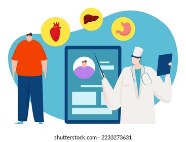 Online overweight person medical consultation service, smartphone doctor application flat vector illustration, isolated on white.