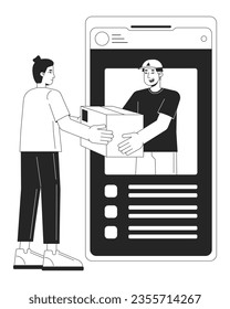 Online package delivery bw concept vector spot illustration. Delivery. Man taking box from courier 2D cartoon flat line monochromatic character for web UI design.editable isolated outline hero image