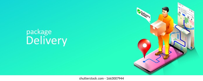 Online package delivery services courier with gps map tracking application by mobile phone or smartphone. Vector illustration